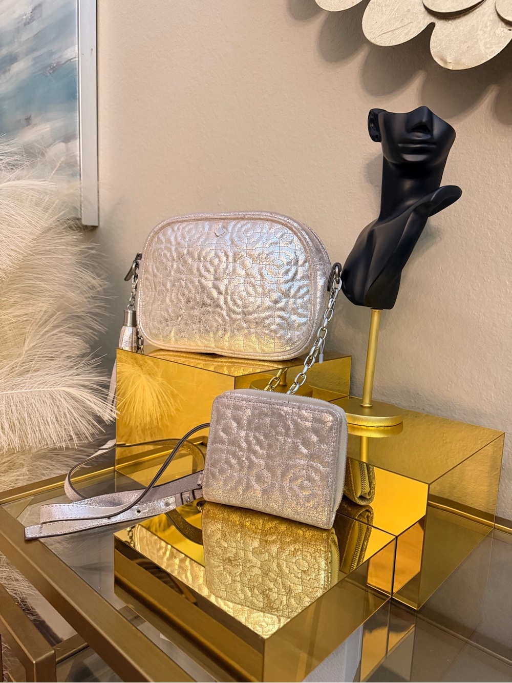 ANTONIO MELANI Metallic Silver Quilted Crossbody with Coin Pouch